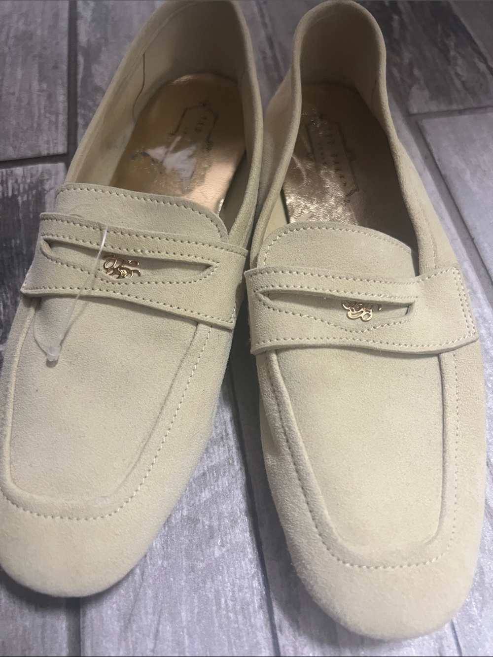 Ted Baker London Light sage Suede Loafers with Gold Tone Logo